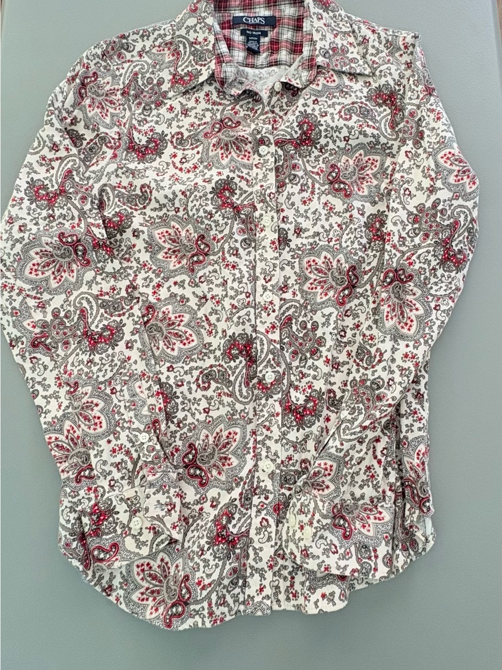 Chaps No Iron Paisley Button Down Blouse Size S Plaid Cuff Accents Workwear